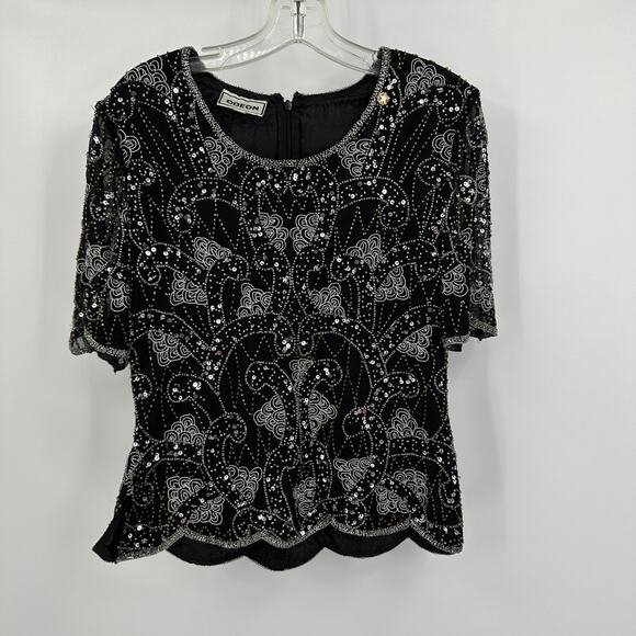Odeon Women Sz 8 Beaded Sequin Evening Top Black Gatsby Art Deco Party Scalloped - Picture 1 of 8